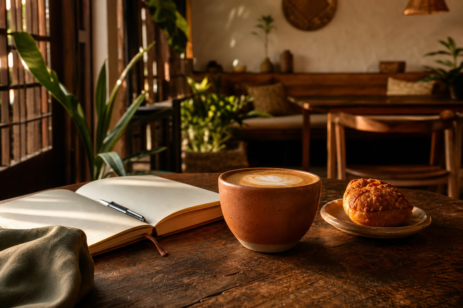 Café latte, libreta y un antojito sobre una mesa de madera en un ambiente cálido